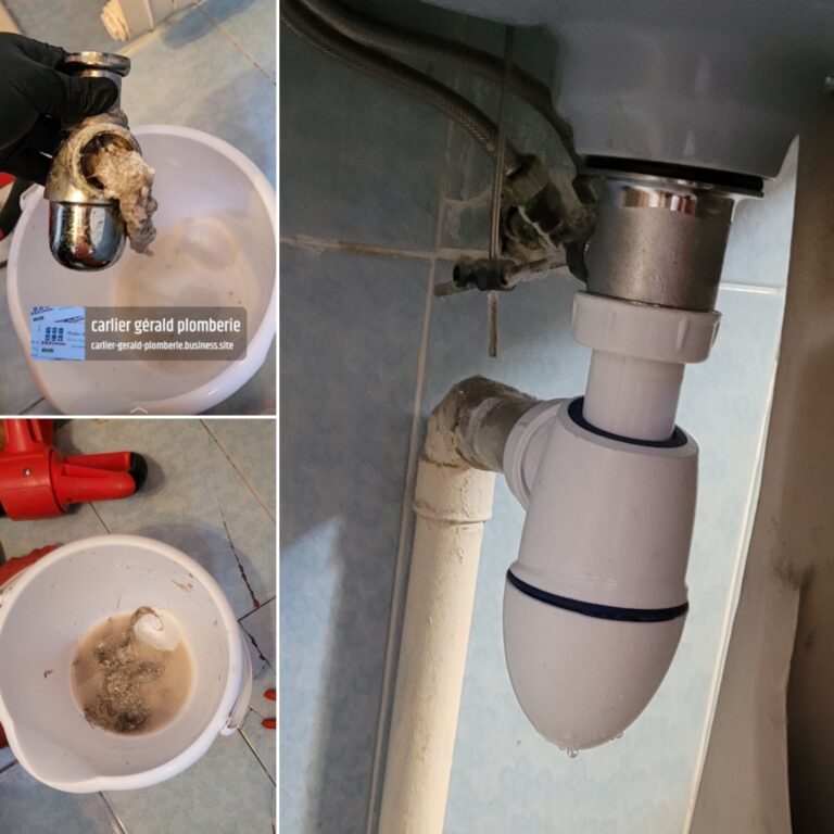 Montage de photos d’un lavabo et de son siphon sous la vasque