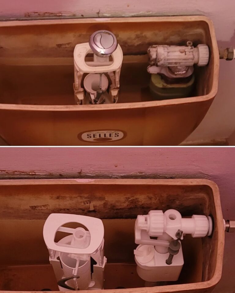 Ancien et nouveau mécanisme de chasse et robinet flotteur dans un réservoir WC