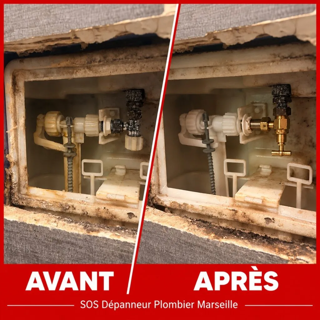 Avant et après le remplacement d’un robinet d’arrêt de WC à Marseille